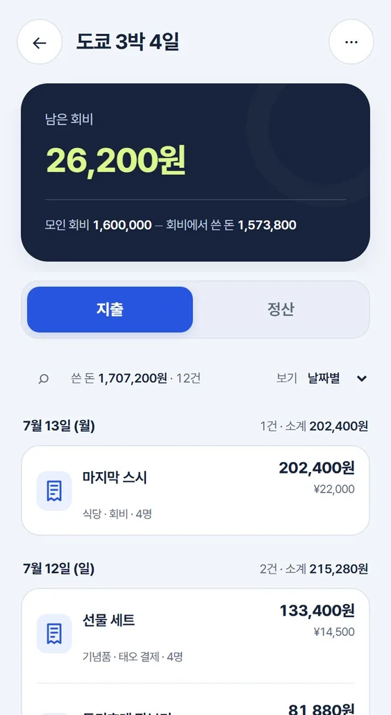 모여셈 · 지출 목록 화면, 예시 기록